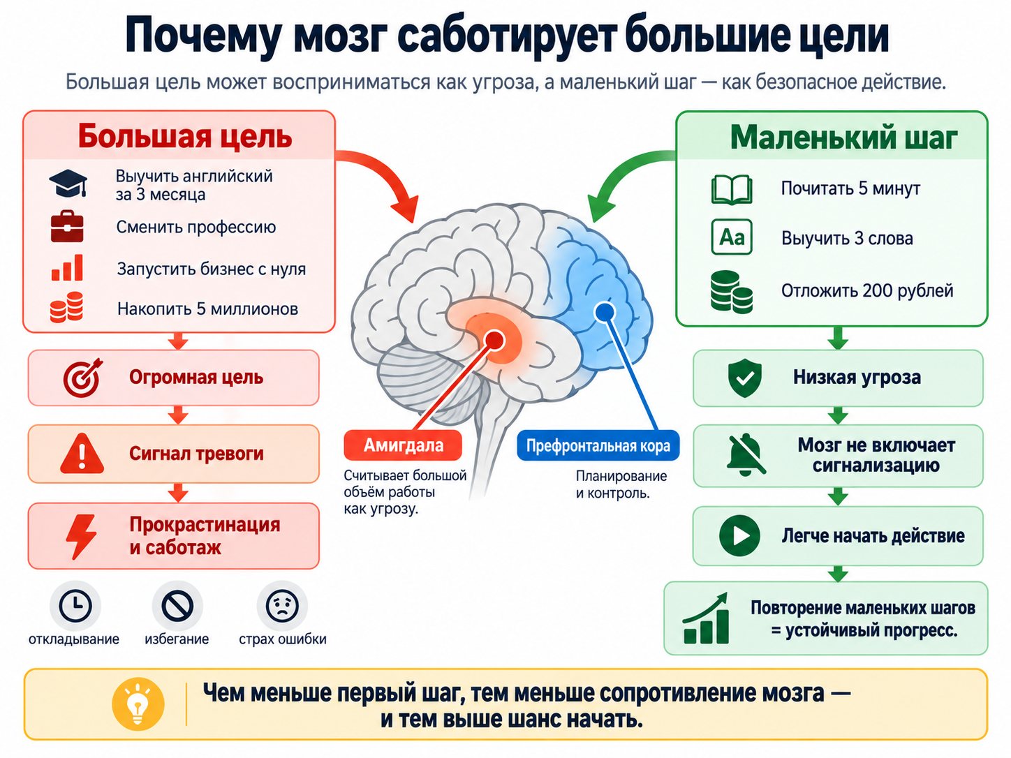 Почему мозг саботирует большие цели: большая цель vs маленький шаг