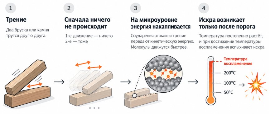 Физика квантового скачка: трение, накопление энергии, искра
